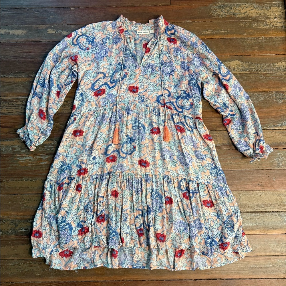Roller Rabbit Floral Tiered Bohemian Tassel Dress Long Sleeve Sz S🧡🍄 - Picture 7 of 9